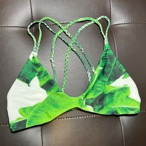 Stone Fox Swim Green Banana Leaf Print Bikini Braided Strap Indie Top - Size L